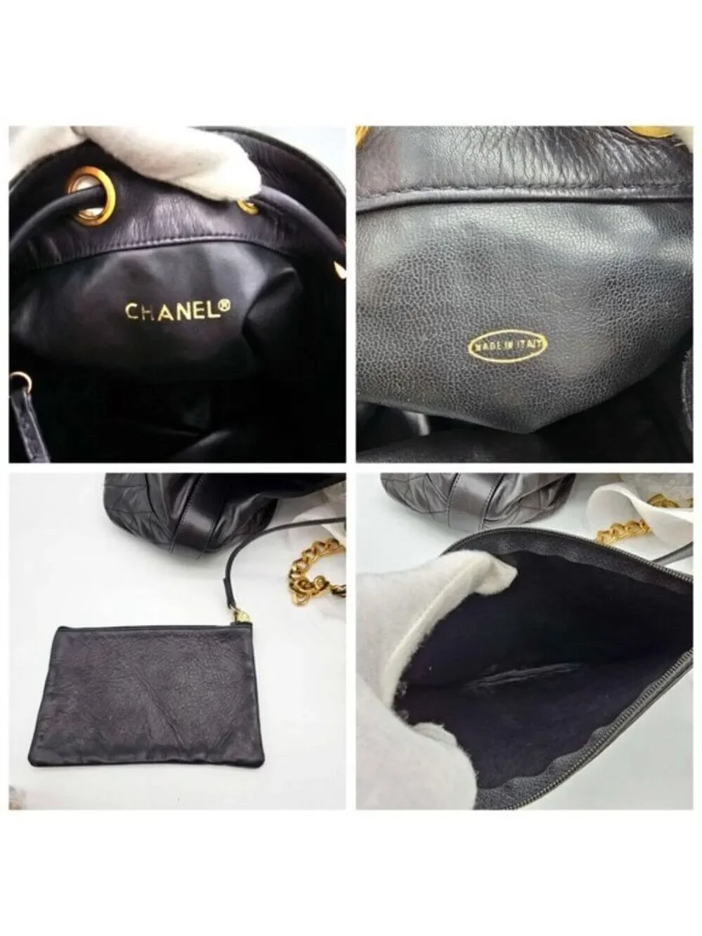 Authentic Chanel Drawstring Bucket Bag Black Leather Gold Chain CC Logo